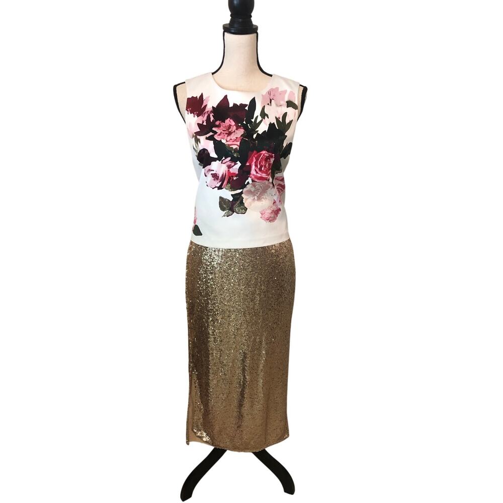 Floral Satin Top Size S Roses Pink White Sleeveless Shell Wedding Guest Party